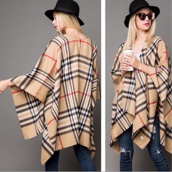 Classic Plaid Poncho Cardigan Scarf Wrap - Picture 2 of 8